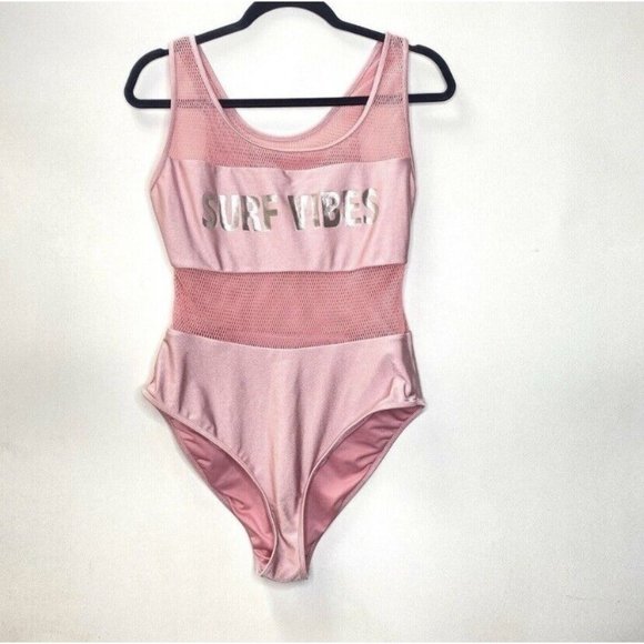Forever 21 Plus One Piece Pink Good Vibes Mesh High Waisted Swimsuit Beach Sz 0X - Picture 2 of 6